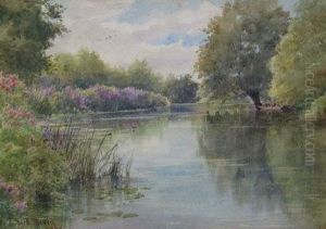 Figures In A Boat On Lake At Richmond Park by Frederick Charles Dixey