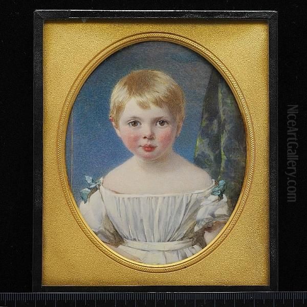 A Child, Wearing Low-cut White Dress With Small Green Bows At The Shoulders, Green Curtain Background (artist's Joins) (hairline Crack). - view 1