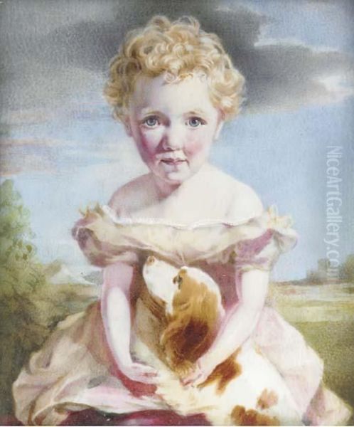A Young Girl In A Pale Pink Dress Seated Cuddling Her Spaniel;landscape And Sky Background - view 1