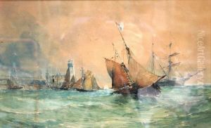 Harbour Scene With Sailing Boats On Rough Seas With Buildings In Background by Charles Dixon