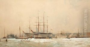 Shipping In A Busy Harbour, Possibly Portsmouth by Charles Edward Dixon