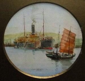 Steamer By A Harbour With Two Chinese Junks by Charles Edward Dixon