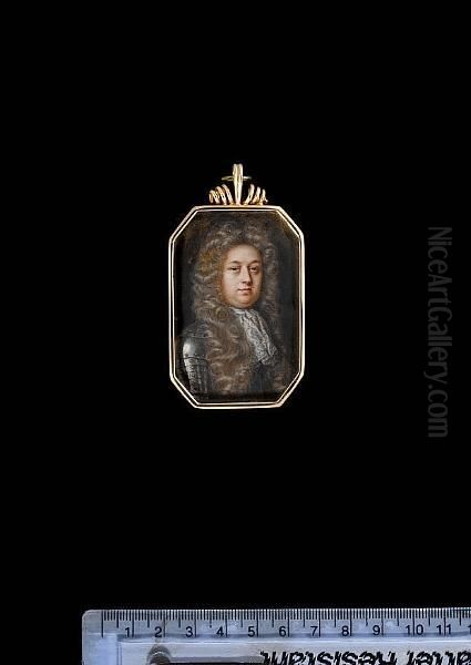 A Gentleman, Wearing Gilt-studded Armour, White Lace Jabot And Long Curled Wig. - view 1