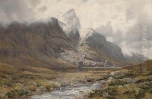 Deer Grazing Before The North Face Of Beinn Aridh Charr,ross-shire by Percy Dixon
