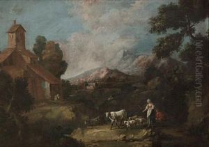 Shepherds And Shepherdess Grazing Their Cattle Before A Mountainous Landscape by Antonio Diziani