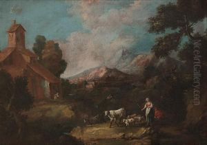 Shepherds And Shepherdess Grazing Their Cattlebefore A Mountainous Landscape