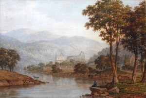 Tintern Abbey, With A Fisherman On The Banksof The River To The Foreground