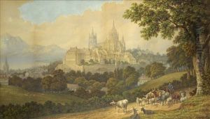 Lausanne, Switzerland, Panoramic View Of The City, Cattle, Sheep And Goats With Herdsmen In The Foreground by John Dobbin