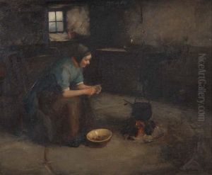 A Crofter's Cottage With Figure Preparing The Evening Meal by Henry John Dobson