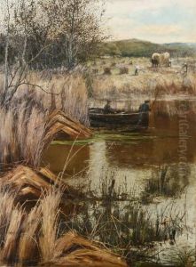Scottish Mere Landscape With Figures In A Sloop