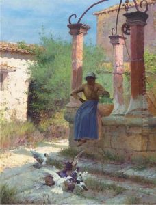 Feeding Pigeons At The Well by Edward Docker