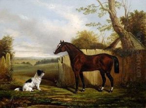 A Portrait Of A Chestnut Racehorse With Terrier In A Landscape