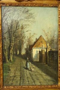 Vrouw Met Hondje Op Landweg by Johan Hendrik Doeleman