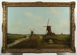 Zwei Windmuhlen An Einem Kanal by Johan Hendrik Doeleman