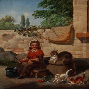 A Girl Doing The Vegetables At A Brick Wall, While The Cats Are Playing