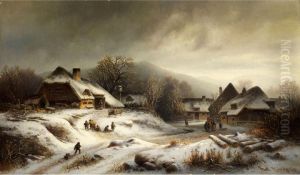 Verschneite Dorflandschaft Im Abendlicht