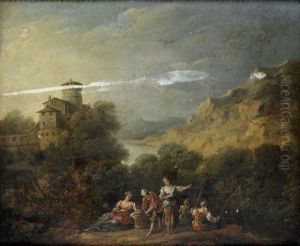 Pecheurs Sur Un Tertre Dans Un Paysage Vallonne