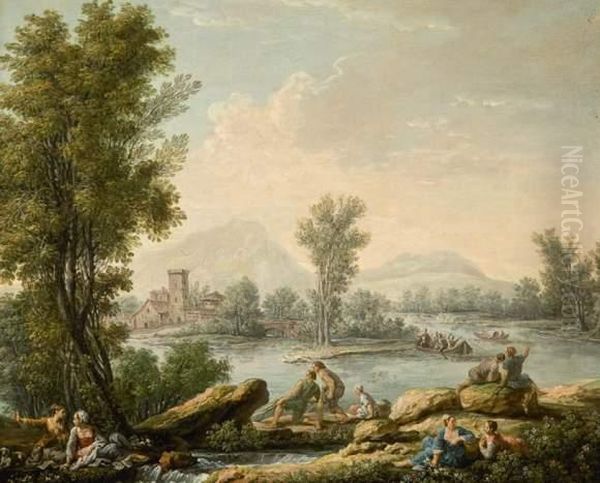Scenes Galantes Et Pecheurs Dans Un Paysage - view 1