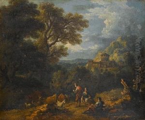 Shepherds Tending Their Livestock In Alandscape And A Town Beyond by Pierre Salomon Domenchin De Chavannes