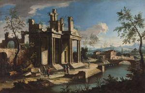 Rovine Di Un Edificio Classico Di Ordine Corinzio Presso Un Fiume