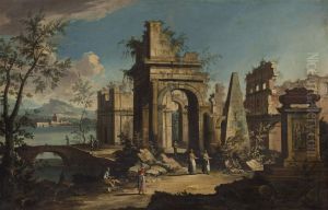 Rovine Di Edifici Classici Presso Un Fiume Con Un Obelisco Piramidale E Con Un Cenotafio Antico Ornato Da Un Rilievo E I Resti Di Un Anfiteatro Con Astanti Vari