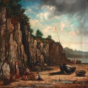 Beach Scene With A Fisher Family And Sailboats