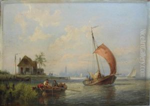Fishermen Laying Traps In The Water by Pieter Cornelis Dommershuijzen