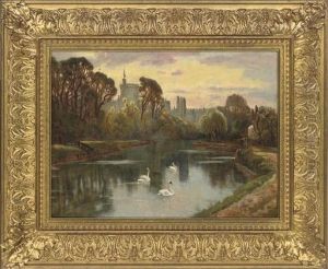 Swans On A Lake With Windsor Castle Beyond by Andrew Benjamin Donaldson