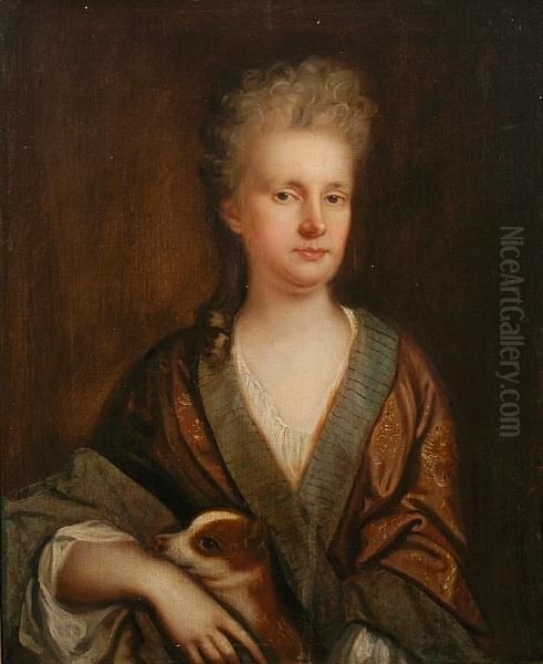 Portrait Of Hester, Lady Churchman, Half Length In Brown Satin Robe With Her Dog - view 1