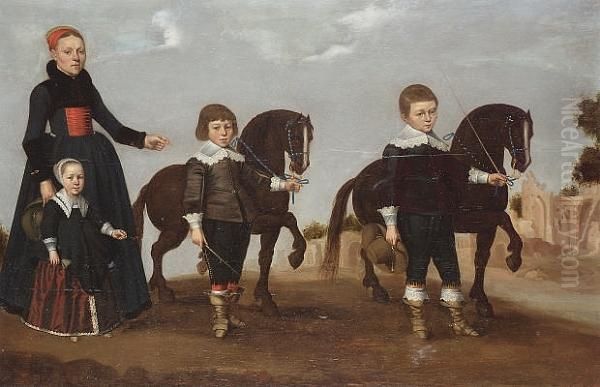 A Lady With Her Daughter And Two Sons With Tethered Miniature Horses, A View To Roman Ruins Beyond - view 1