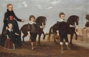 A Lady With Her Daughter And Two Sons With Tethered Miniature Horses, A View To Roman Ruins Beyond by Gerrit van Donck