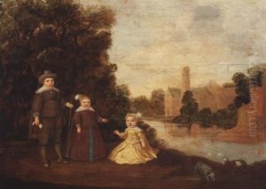 Portrait Of Three Children In A Woodedriver Landscape by Herman Mijnerts Doncker