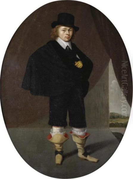 Portrait Of A Gentleman, Full Length, Wearing A Black Cape, Black Trousers And A Black Hat, A Landscape Beyond - view 1