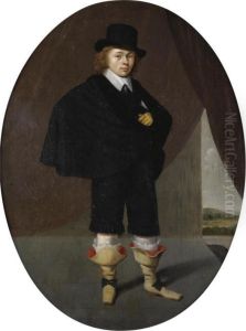Portrait Of A Gentleman, Full Length, Wearing A Black Cape, Black Trousers And A Black Hat, A Landscape Beyond by Herman Mijnerts Doncker
