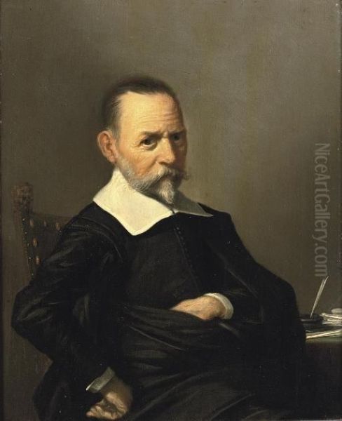 Portrait Of A Gentleman, Half-length, In A Black Costume With A White Collar And Cuffs, Seated At A Writing Desk - view 1
