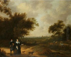 A Double Portrait Of A Couple Promenading With Their Dogs Through Their Country Estate by Herman Mijnerts Doncker