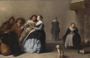 A Brothel Scene With Three Men Sleeping Around A Table, A Dog And Cat In The Foreground