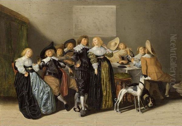An Elegant Company Making Merry In An Interior With Two Dogs In The Foreground - view 1