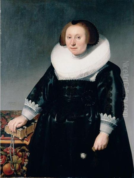 Portrait Of A Lady, Three-quarter Length, Wearing A Black Embroidered Dress And Standing Next To A Table With Her Hand On A Book - view 1
