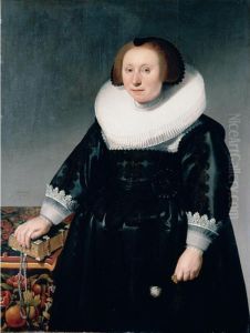Portrait Of A Lady, Three-quarter Length, Wearing A Black Embroidered Dress And Standing Next To A Table With Her Hand On A Book by Herman Mijnerts Doncker