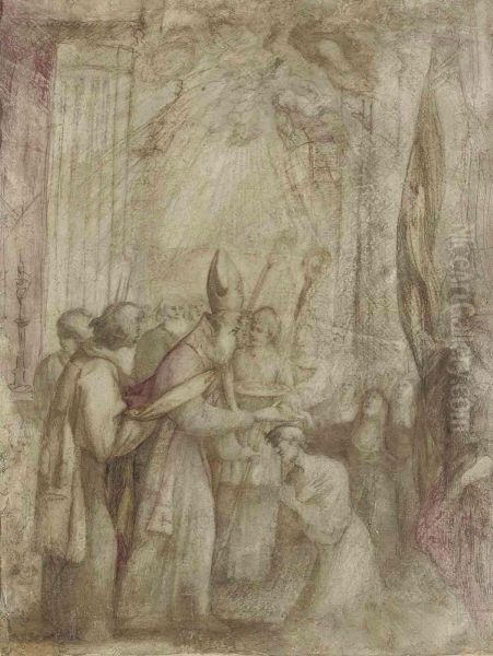 Giovanni Andrea Donducci, Il Mastelletta A Bishop Offering A Benediction To A Kneeling Figure, Accompaniedby Acolytes, Pious Women And A Flagbearer With Indistinct Inscription Pen And Brown Ink, Brown, Rose And Ochre - view 1