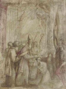 Giovanni Andrea Donducci, Il Mastelletta A Bishop Offering A Benediction To A Kneeling Figure, Accompaniedby Acolytes, Pious Women And A Flagbearer With Indistinct Inscription Pen And Brown Ink, Brown, Rose And Ochre by Giovanni Andrea Donducci (see MASTELLETTA)