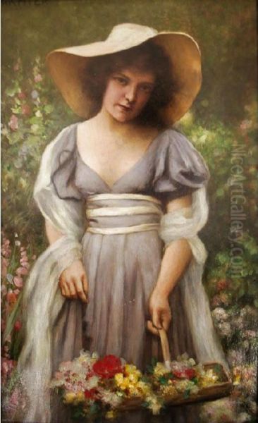 Lady With A Basket Of Flowers In A Garden - view 1