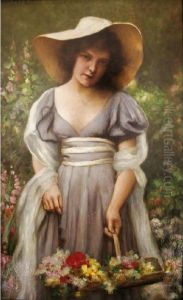 Lady With A Basket Of Flowers In A Garden by Ottto Donner Von Richter