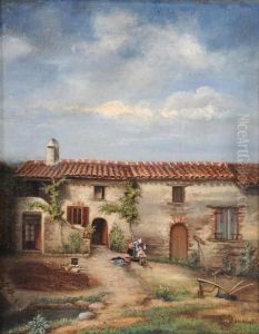 Casolare Con Contadina Che Lava Ipanni by Emilio Donnini