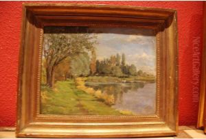 Bord De Riviere Huile Sur Panneau Signee En Bas A Gauche 27 X 35cm by Charles Donzel