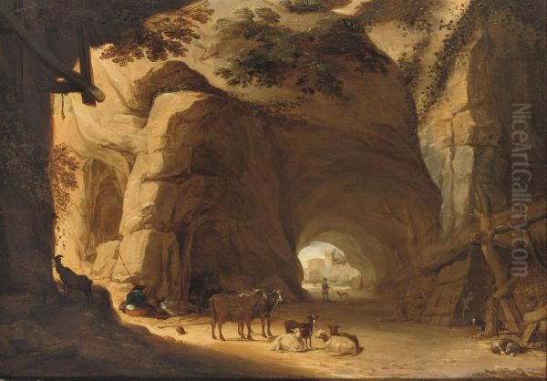 Herdsmen And Their Cattle Resting In A Grotto - view 1