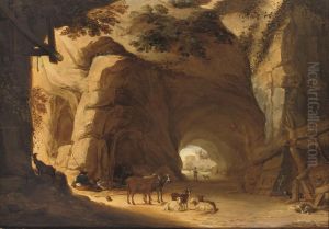 Herdsmen And Their Cattle Resting In A Grotto by Lambert Doomer