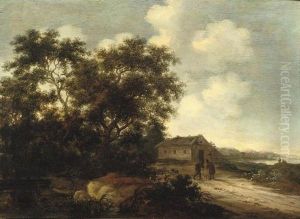 A Wooded River Landscape With Figures Outside A Cabin by Lambert Doomer