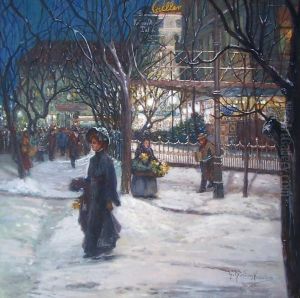 Am Alten Cafe Josty In Berlin An Einem Winterabend Mit Reicher Figurenstaffage by Susanne Doring-Kessler